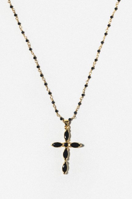 Elegant Black Beaded Cross Necklace