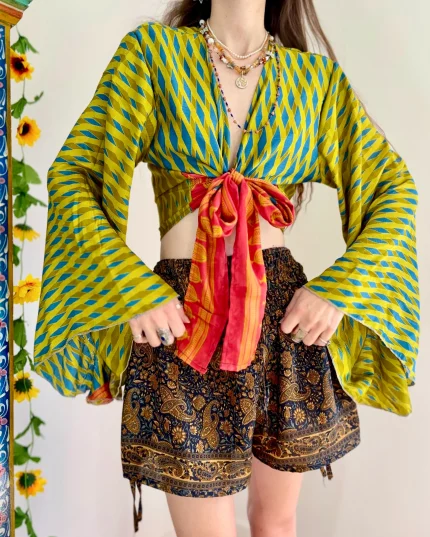 Vibrant Bohemian Tie-Front Top With Paisley Shorts