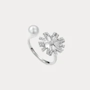 Elegant Pearl And Crystal Floral Adjustable Ring - Image 2