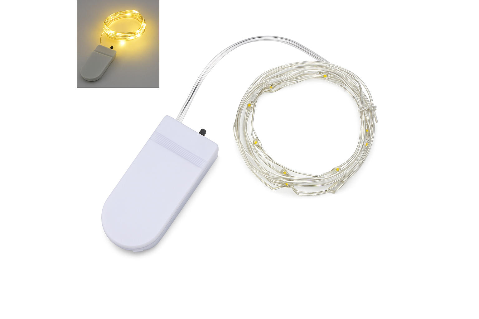 String lights with a white base on a white background