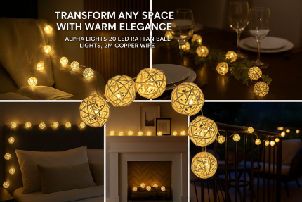 LED Rattan Ball String Lights, 20 Warm White LEDs – USB Powered Fairy Lights for Bedroom, Patio & Home Decor